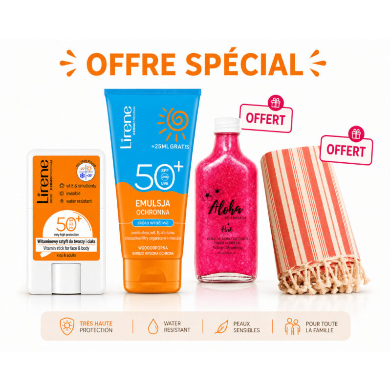 PACK LIRENE: LOTION Solaire 175 ML + STICK (SPF 50+)+ ALOHA huile pailletée (100 ml) au choix gratuit+ FOUTA offert