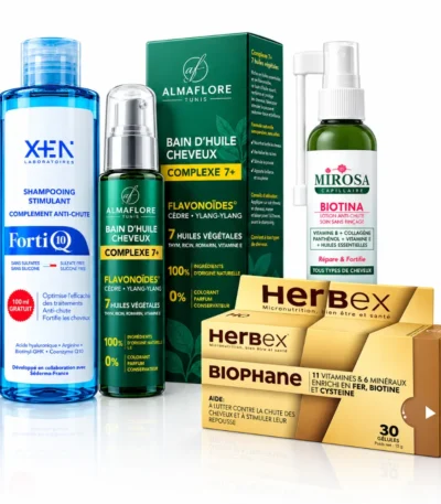 PACK SOIN DE CHEVEUX XEN FORTI Q10 200ML+ALMAFLORE Bain d’huile 100ML+MIROSA BIOTINA 50ML+HERBEX BIOPHANE 30 GELULES