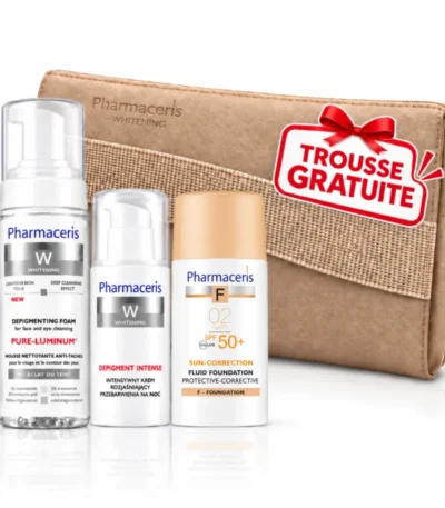 PACK SOIN DE PEAU PHARMACERIS : PHARMACERIS W PURE LUMINIUM MOUSSE NETTOYANTE 150ML + PHARMACERIS WHITENING DEPIGMENT INTENSE 50ML + PHARMACERIS F FOND DE TEINT SPF 50+ (02 SAND) 30ML