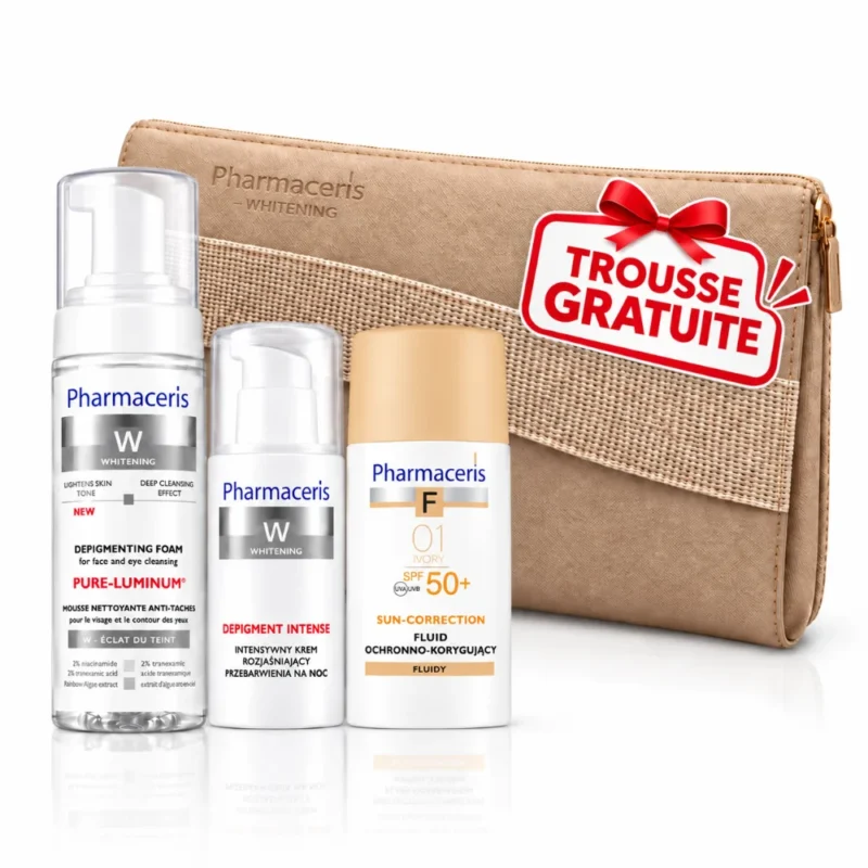 PACK SOIN DE PEAU PHARMACERIS : PHARMACERIS W PURE LUMINIUM MOUSSE NETTOYANTE 150ML + PHARMACERIS WHITENING DEPIGMENT INTENSE 50ML + PHARMACERIS F FOND DE TEINT SPF 50+ (IVORY 1) 30ML