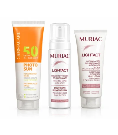 PACK SOIN MURIAC : MURIAC LIGHTACT LOTION LACTEE ECLAIRCISSANTE ANTI TACHES 200ML + MURIAC LIGHTACT MOUSSE NETTOYANTE ECLAIRCISSANTE 150ML + DERMACARE PHOTOSUN FLUIDE TEINTE 1.5 PEAU GRASSE 50ML SPF50+