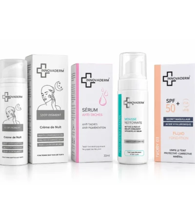 PACK : INNOVADERM STOP PIGMENT CREME DE NUIT 50ML+INNOVADERM SERUM ANTI TACHES 30ML+INNOVADERM MOUSSE NETTOYANTE PNS 150ML+INNOVADERM 50+ FOND DE TEINT (01) IVORY 30ML