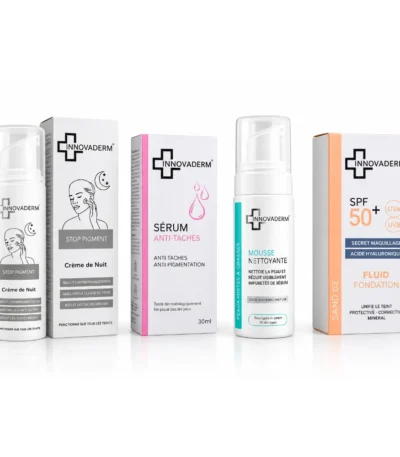 PACK : INNOVADERM STOP PIGMENT CREME DE NUIT 50ML+INNOVADERM SERUM ANTI TACHES 30ML+INNOVADERM MOUSSE NETTOYANTE PNS 150ML+INNOVADERM 50+ INNOVADERM SPF50+ FOND DE TEINT (02) SAND 30ML
