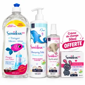 PACK SENSIDOUX : SENSIDOUX CREME POUR LE CHANGE 50ML+SENSIDOUX EAU DE SENTEUR 250 ML+SENSIDOUX LIQUIDE NETTOYANT BIBERONS-TETINES+SENSIDOUX SHAMPOOING CORPS & CHEVEUX 500 ML