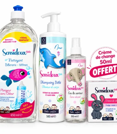 PACK SENSIDOUX : SENSIDOUX CREME POUR LE CHANGE 50ML+SENSIDOUX EAU DE SENTEUR 250 ML+SENSIDOUX LIQUIDE NETTOYANT BIBERONS-TETINES+SENSIDOUX SHAMPOOING CORPS & CHEVEUX 500 ML