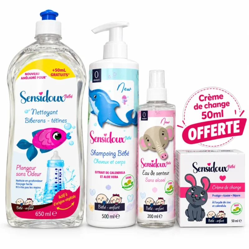 PACK SENSIDOUX : SENSIDOUX CREME POUR LE CHANGE 50ML+SENSIDOUX EAU DE SENTEUR 250 ML+SENSIDOUX LIQUIDE NETTOYANT BIBERONS-TETINES+SENSIDOUX SHAMPOOING CORPS & CHEVEUX 500 ML