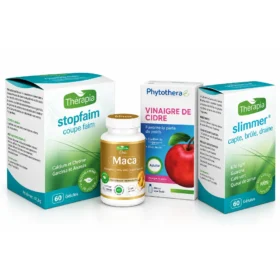 PACK:THERAPIA STOPFAIM 60 GÉLULES+THERAPIA SLIMMER 30 Gélules+Phytothéra Vinaigre de Cidre 250ml+Maca, Boite de 45 gélules – Thérapia