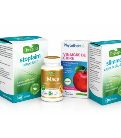 PACK:THERAPIA STOPFAIM 60 GÉLULES+THERAPIA SLIMMER 30 Gélules+Phytothéra Vinaigre de Cidre 250ml+Maca, Boite de 45 gélules – Thérapia