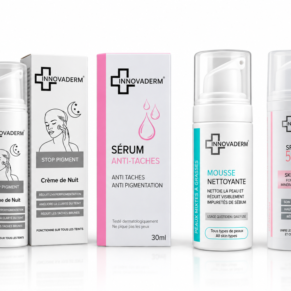 PACK : INNOVADERM STOP PIGMENT CREME DE NUIT 50ML+INNOVADERM SERUM ANTI TACHES 30ML+INNOVADERM MOUSSE NETTOYANTE PNS 150ML+INNOVADERM 50+ INNOVADERM SPF50+ INNOVADERM SKIN WHITE ECRAN TEINTE MEDIUM 1.5 SPF50+ 30ML