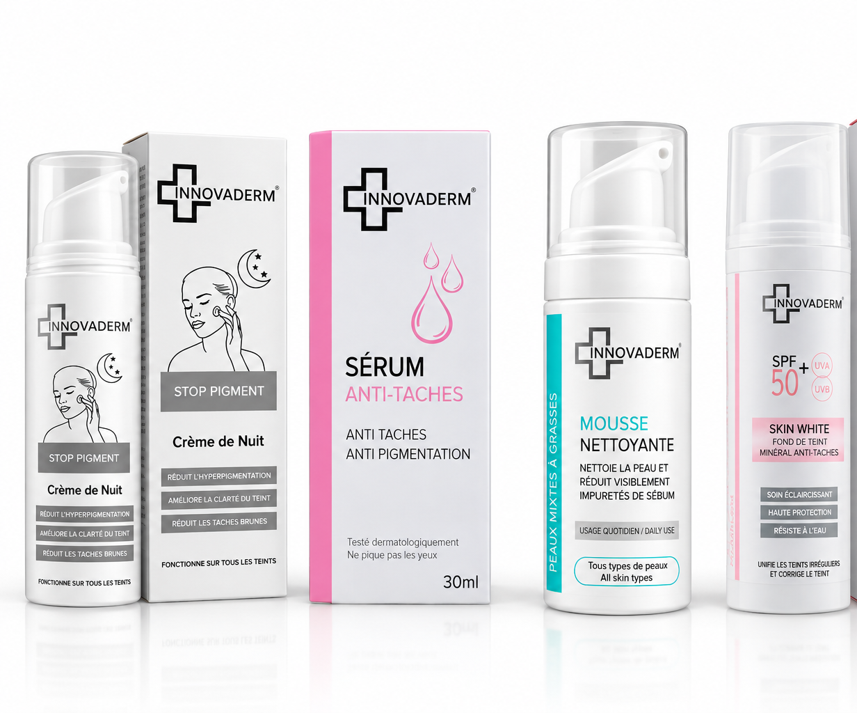 Quatre soins Innovaderm sur fond blanc PACK : INNOVADERM STOP PIGMENT CREME DE NUIT 50ML+INNOVADERM SERUM ANTI TACHES 30ML+INNOVADERM MOUSSE NETTOYANTE PNS 150ML+INNOVADERM 50+ INNOVADERM SPF50+ INNOVADERM SKIN WHITE ECRAN TEINTE MEDIUM 1.5 SPF50+ 30ML